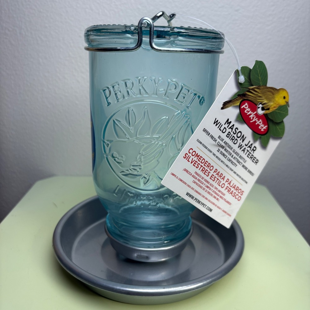 NWT Perky Pet Blue Wild Bird Waterer Glass Metal Water Station